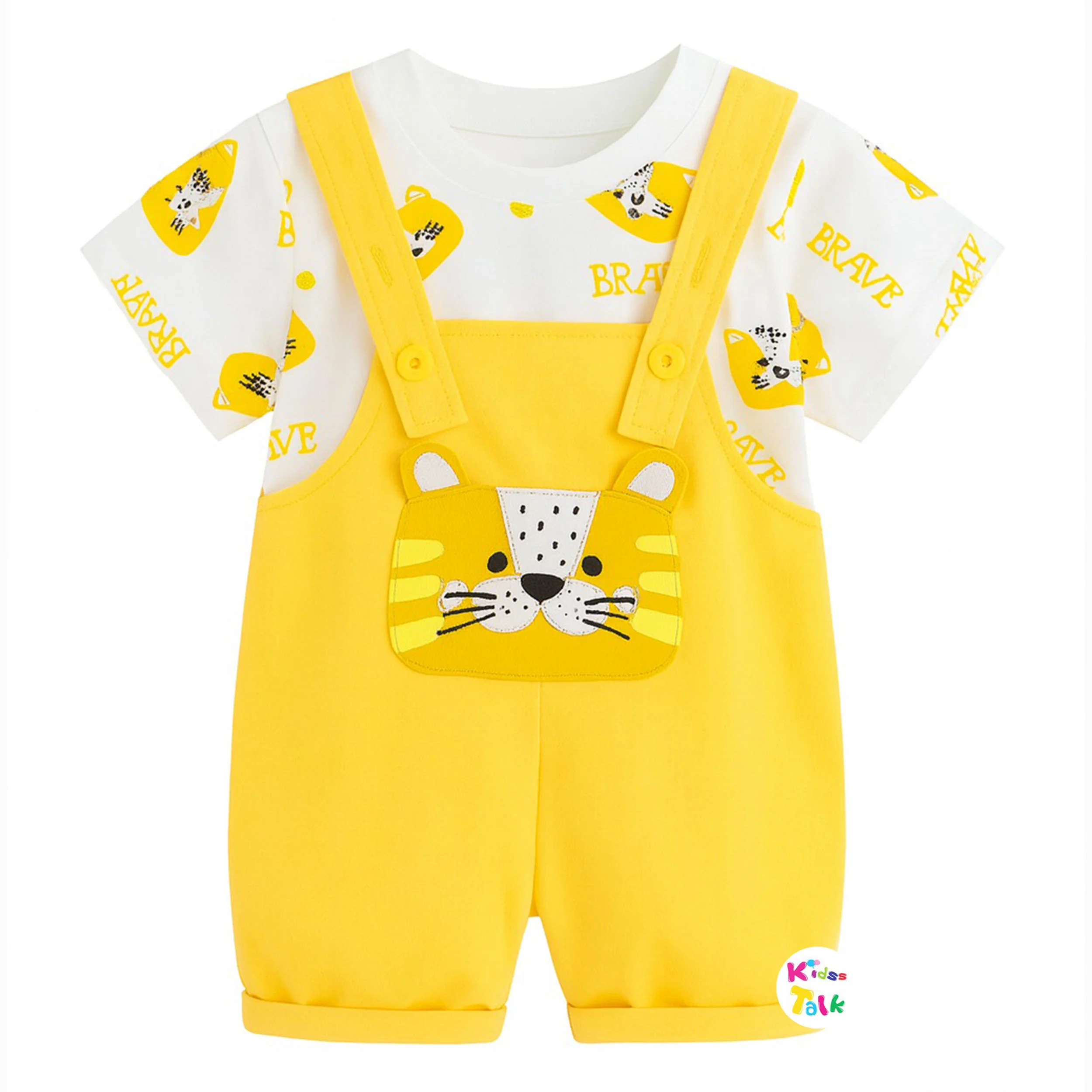 Cotton Knitted Half Sleeve Dungaree Set With Cute Print - Mustard
